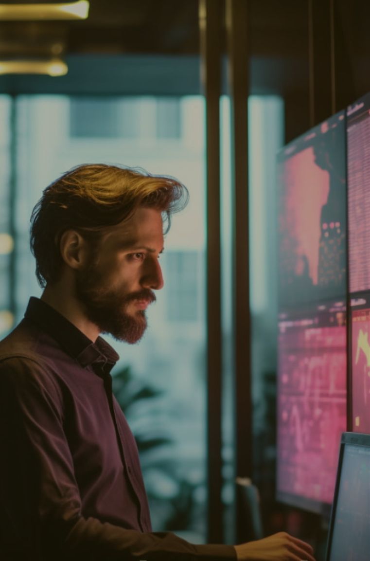 man with beard looking at multiple screens