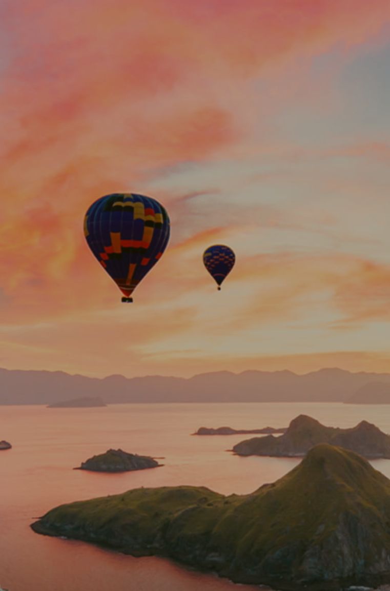landscape with sea, mountains and hot air balloons